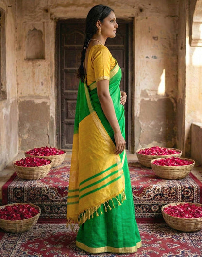 Parrot Green Chanderi Cotton Zari Border Woven Saree