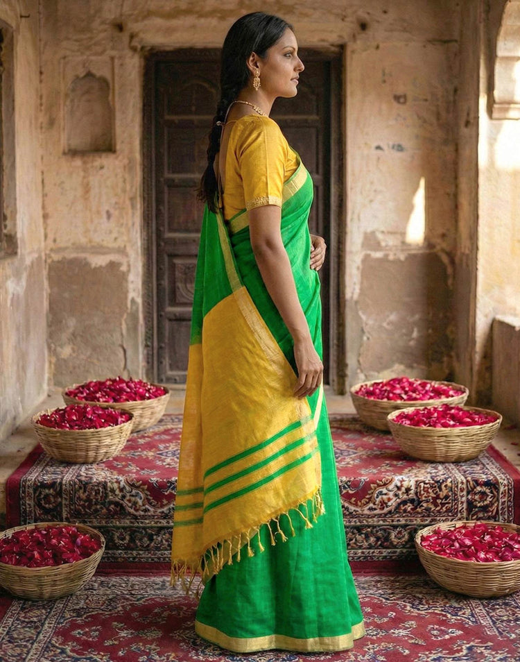 Parrot Green Chanderi Cotton Zari Border Woven Saree