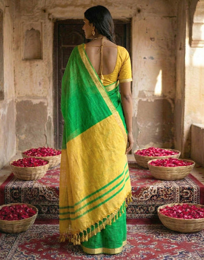 Parrot Green Chanderi Cotton Zari Border Woven Saree
