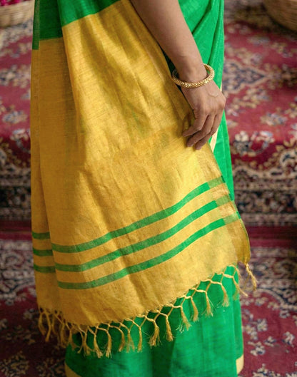 Parrot Green Chanderi Cotton Zari Border Woven Saree