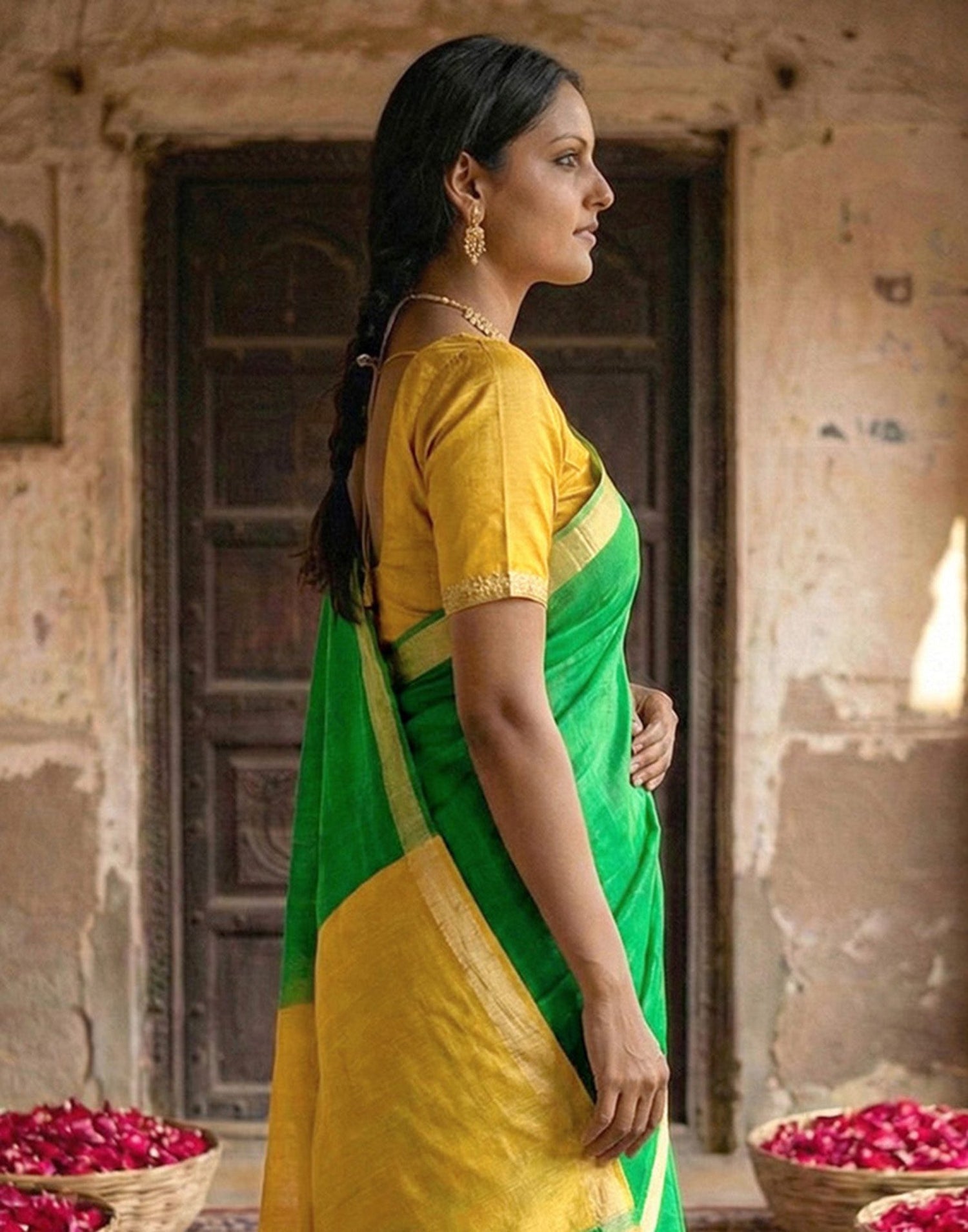 Parrot Green Chanderi Cotton Zari Border Woven Saree