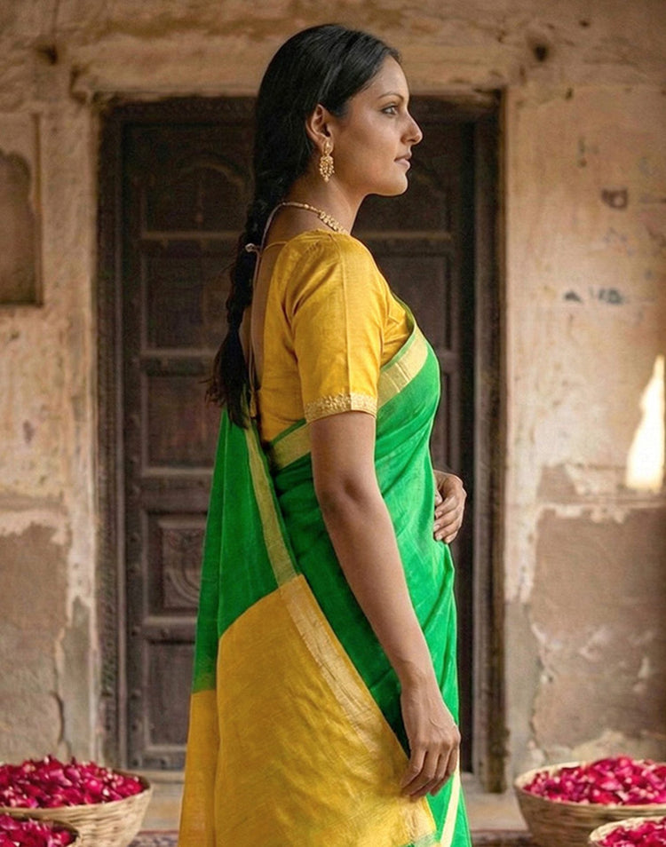 Parrot Green Chanderi Cotton Zari Border Woven Saree