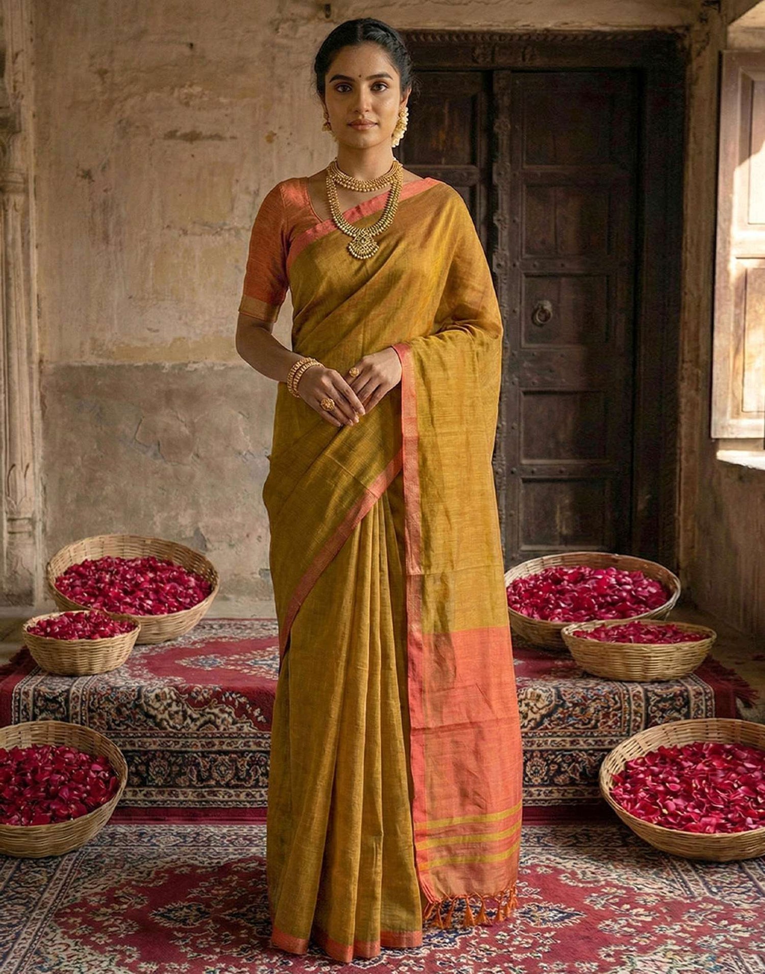 Mustard Yellow Chanderi Cotton Zari Border Woven Saree