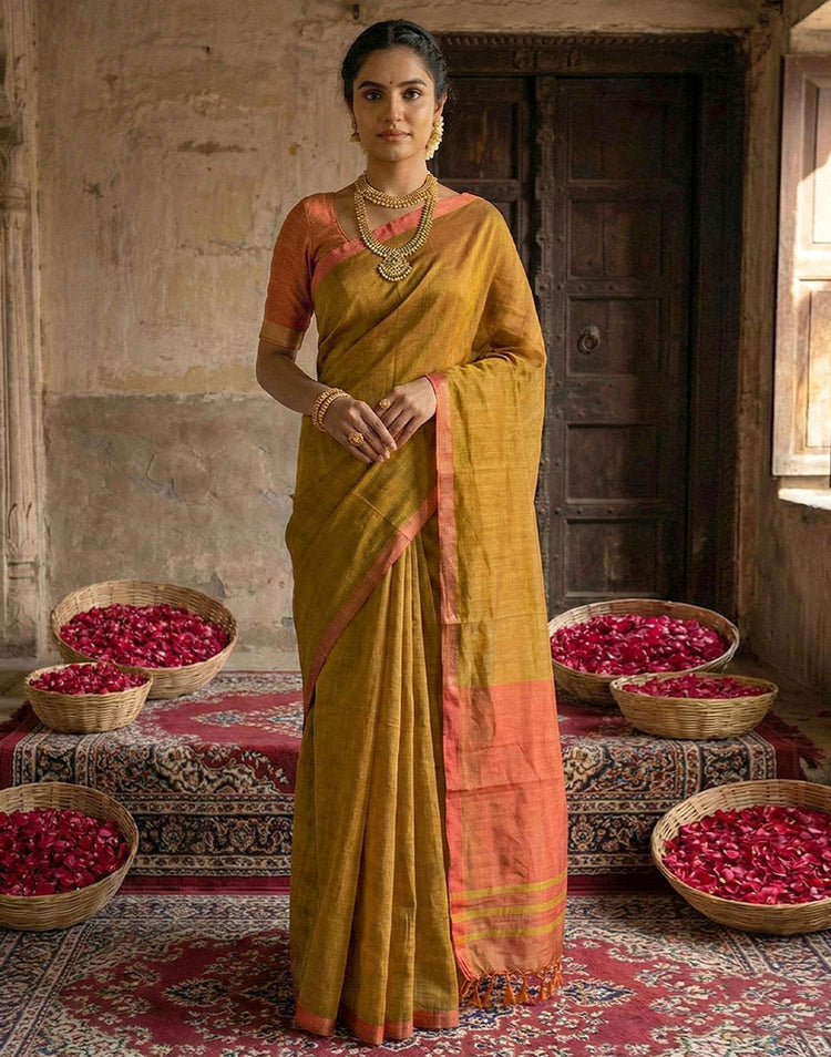 Mustard Yellow Chanderi Cotton Zari Border Woven Saree