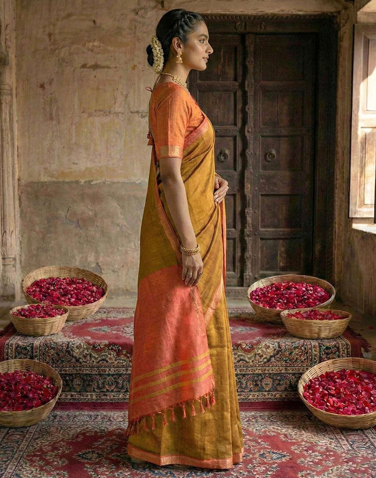 Mustard Yellow Chanderi Cotton Zari Border Woven Saree