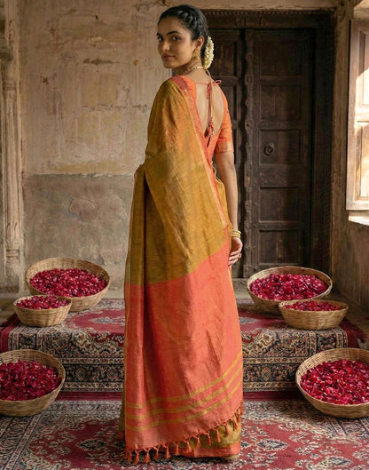 Mustard Yellow Chanderi Cotton Zari Border Woven Saree