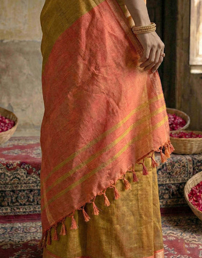 Mustard Yellow Chanderi Cotton Zari Border Woven Saree