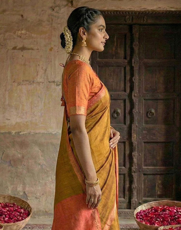 Mustard Yellow Chanderi Cotton Zari Border Woven Saree