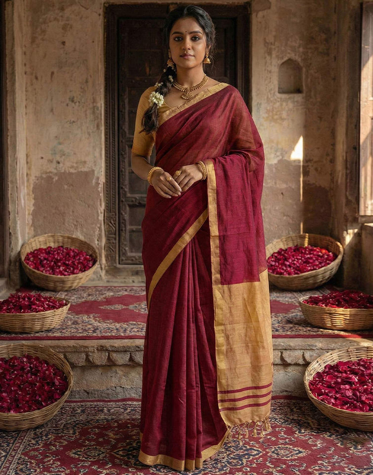 Maroon Chanderi Cotton Zari Border Woven Saree
