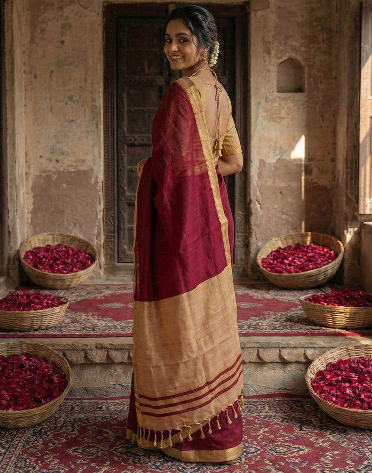 Maroon Chanderi Cotton Zari Border Woven Saree