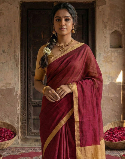 Maroon Chanderi Cotton Zari Border Woven Saree