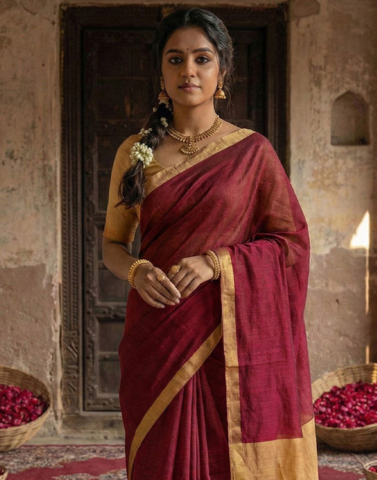 Maroon Chanderi Cotton Zari Border Woven Saree