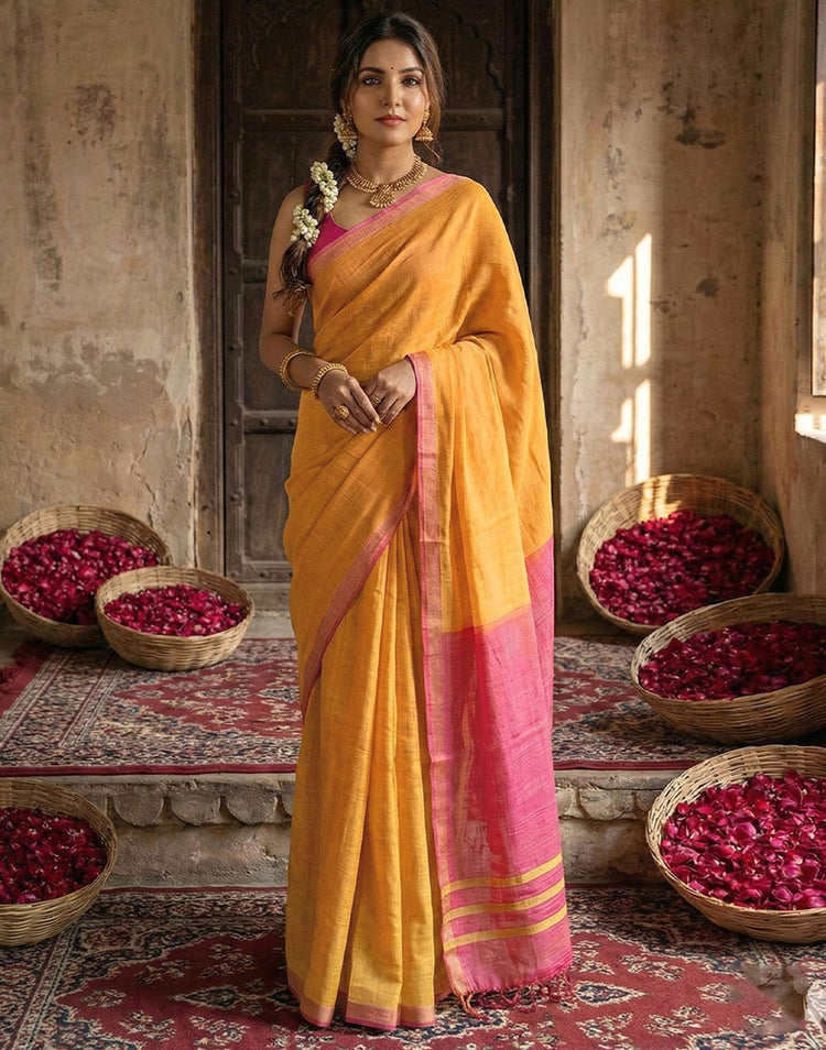 Yellow Chanderi Cotton Zari Border Woven Saree