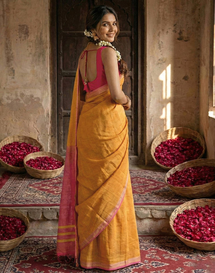 Yellow Chanderi Cotton Zari Border Woven Saree
