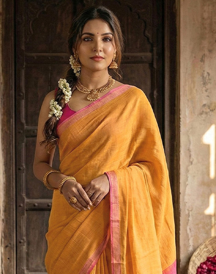Yellow Chanderi Cotton Zari Border Woven Saree