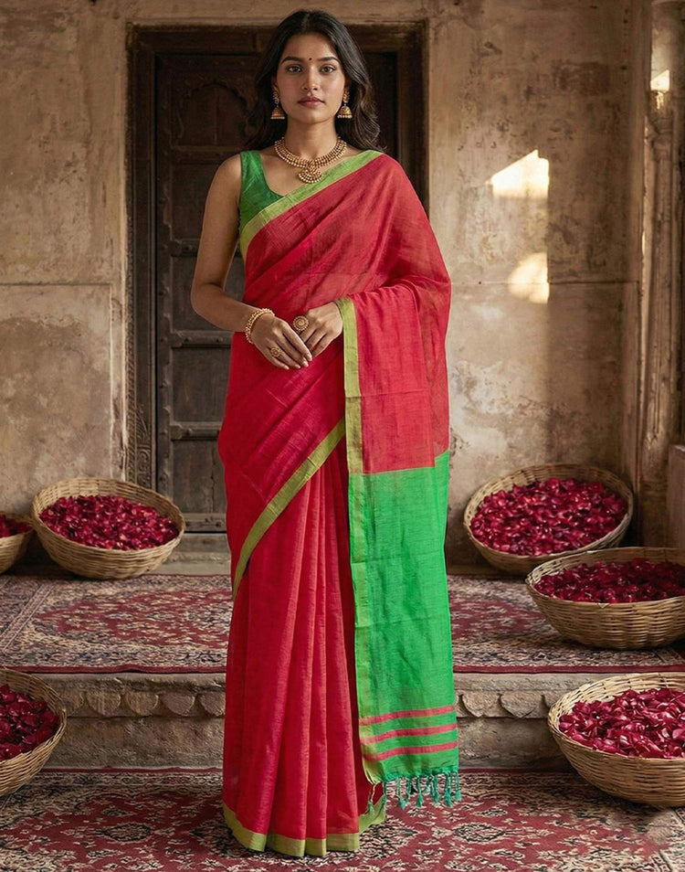 Red Chanderi Cotton Zari Border Woven Saree