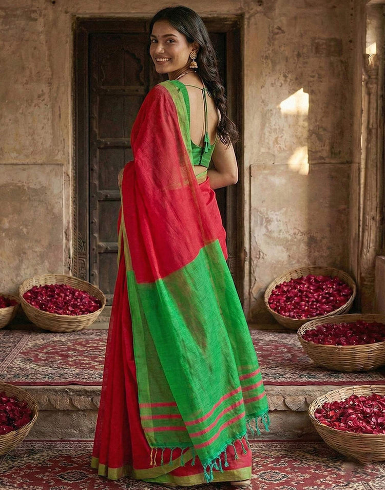 Red Chanderi Cotton Zari Border Woven Saree