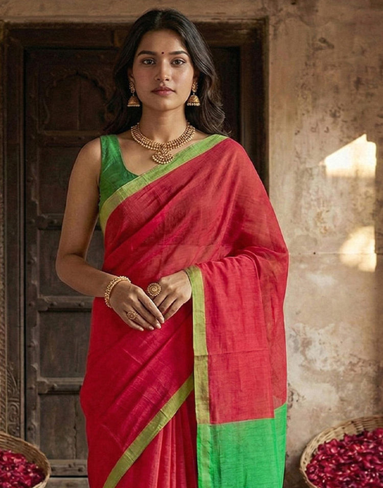 Red Chanderi Cotton Zari Border Woven Saree