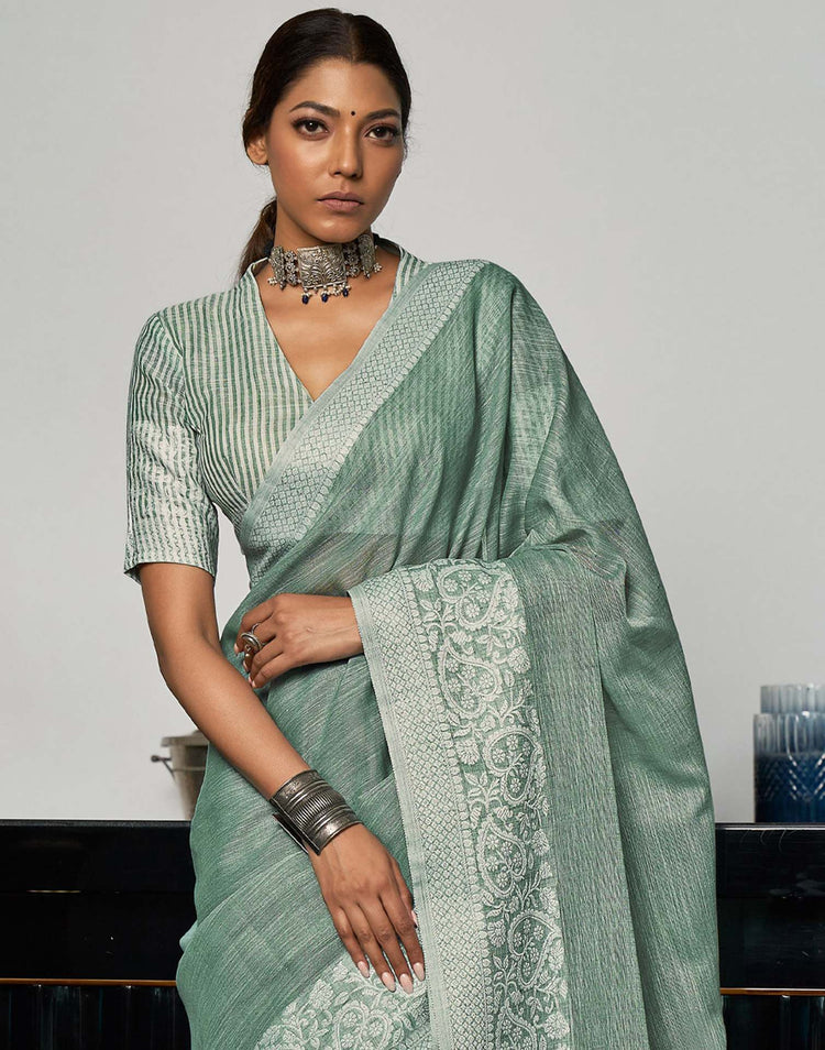 Mint Green Cotton Woven Saree