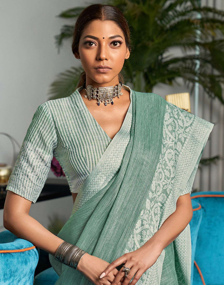 Mint Green Cotton Woven Saree