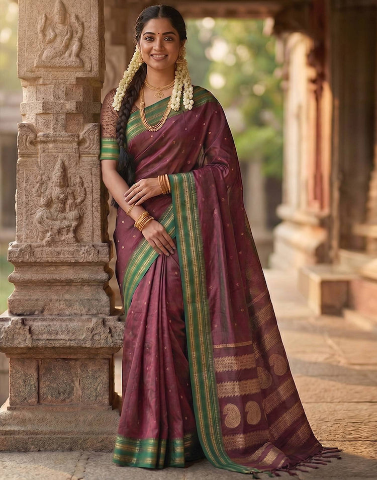 Maroon Silk Woven Kanjivaram Saree