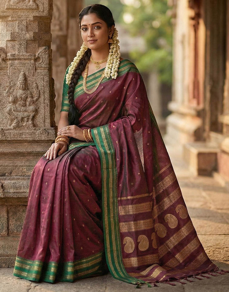Maroon Silk Woven Kanjivaram Saree