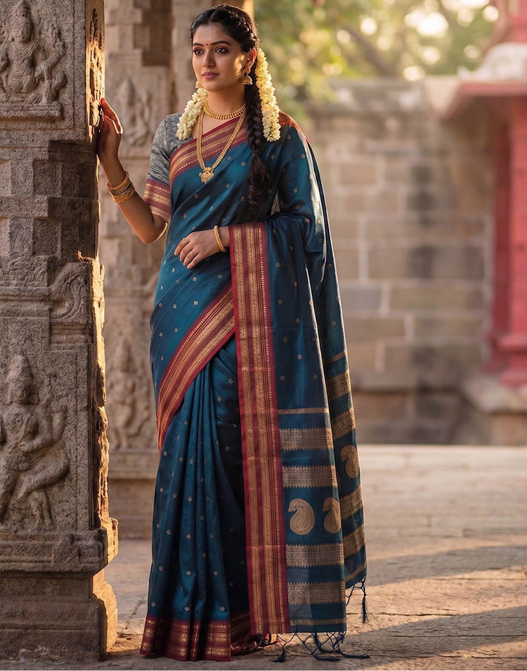 Peacock Blue Silk Woven Kanjivaram Saree