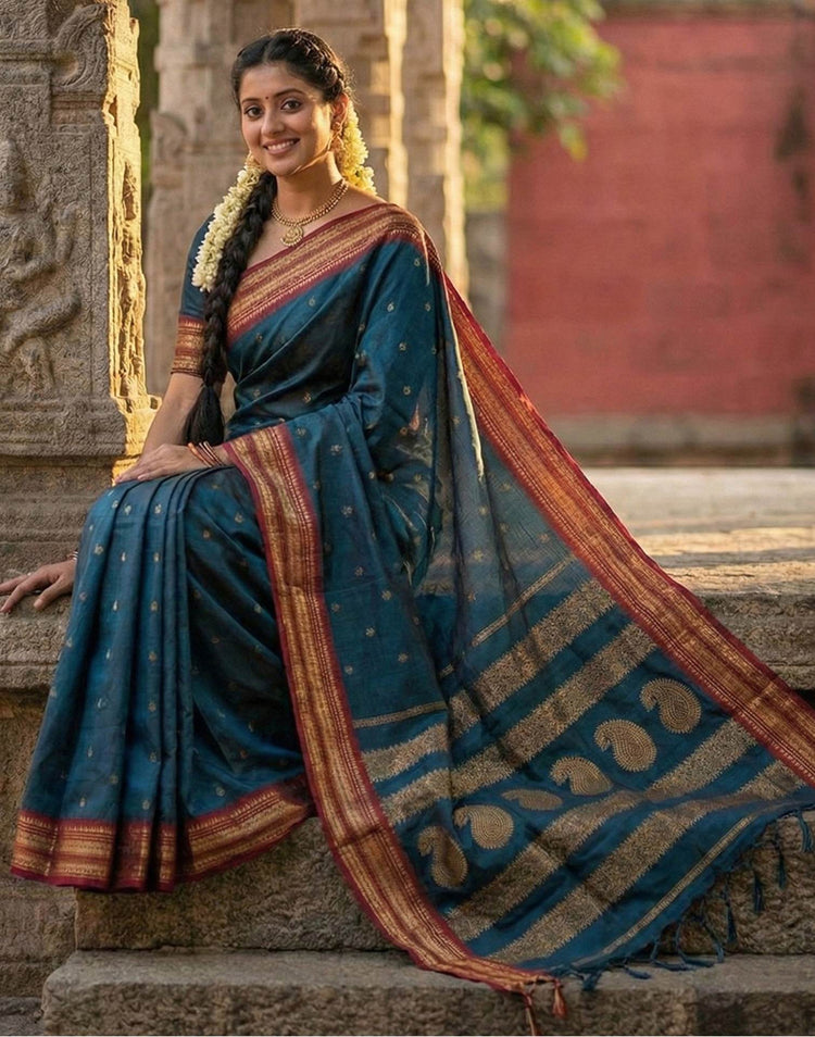 Peacock Blue Silk Woven Kanjivaram Saree