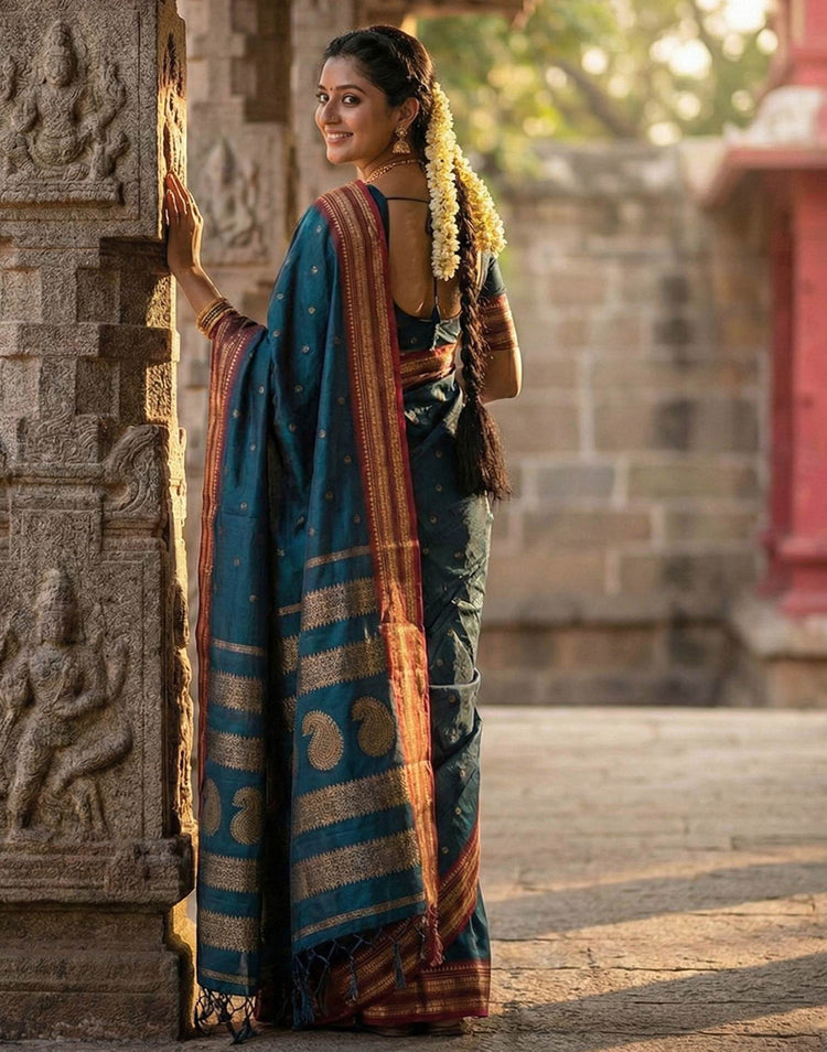 Peacock Blue Silk Woven Kanjivaram Saree
