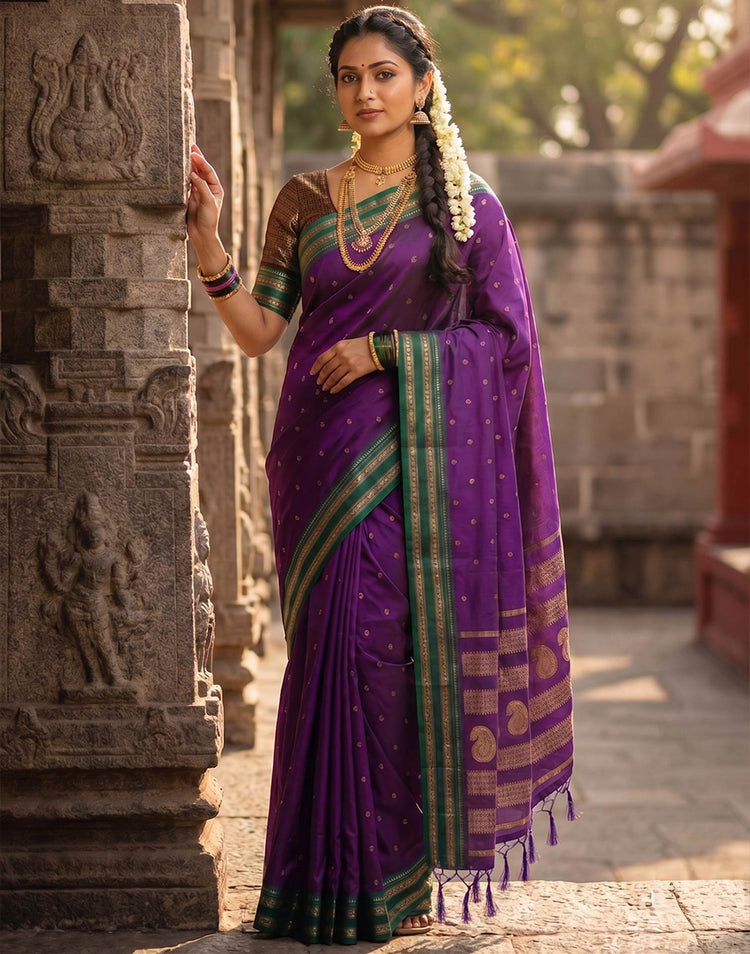 Dark Purple Silk Woven Kanjivaram Saree