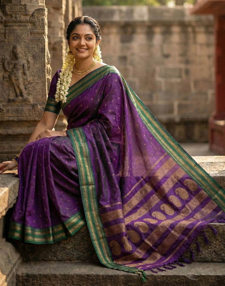 Dark Purple Silk Woven Kanjivaram Saree
