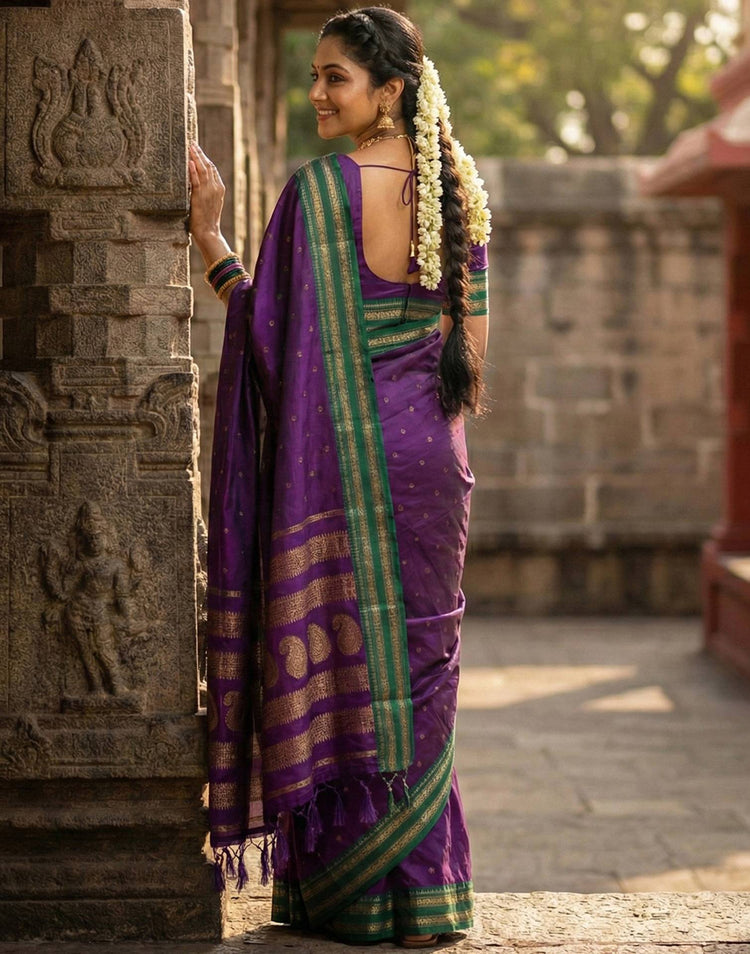 Dark Purple Silk Woven Kanjivaram Saree