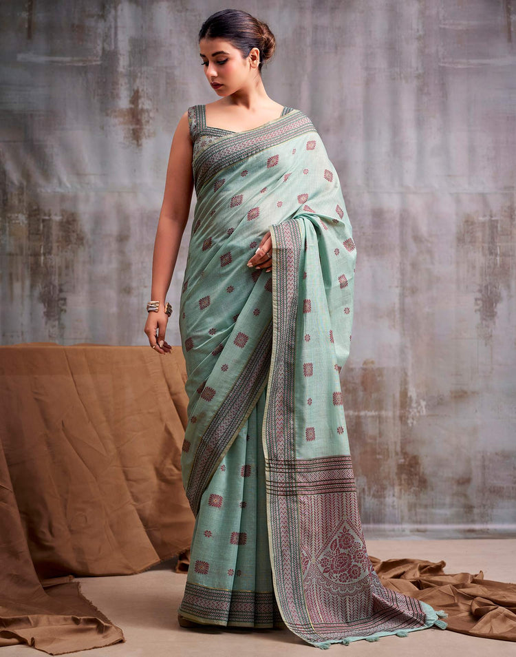 Light Mint Green Cotton Woven Saree