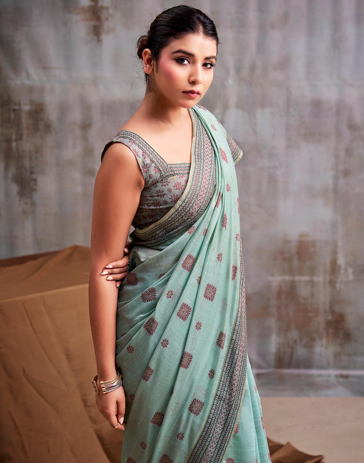 Light Mint Green Cotton Woven Saree