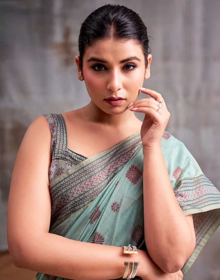 Light Mint Green Cotton Woven Saree