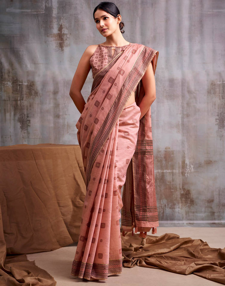 Peach Cotton Woven Saree