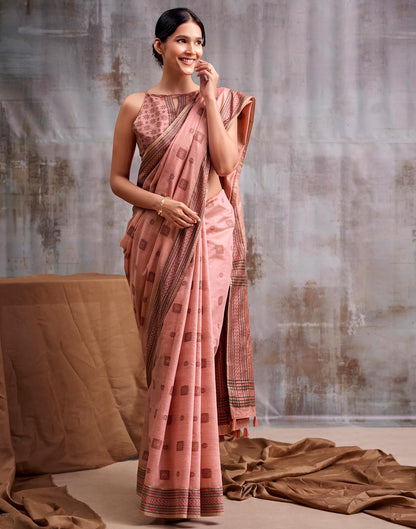 Peach Cotton Woven Saree