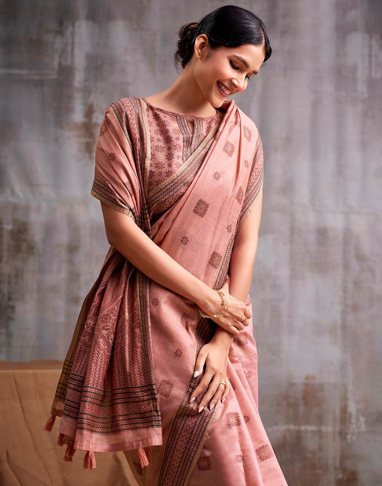 Peach Cotton Woven Saree