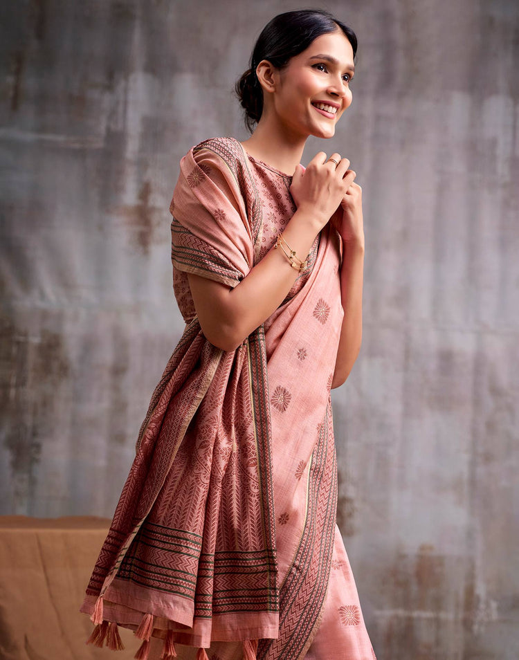 Peach Cotton Woven Saree