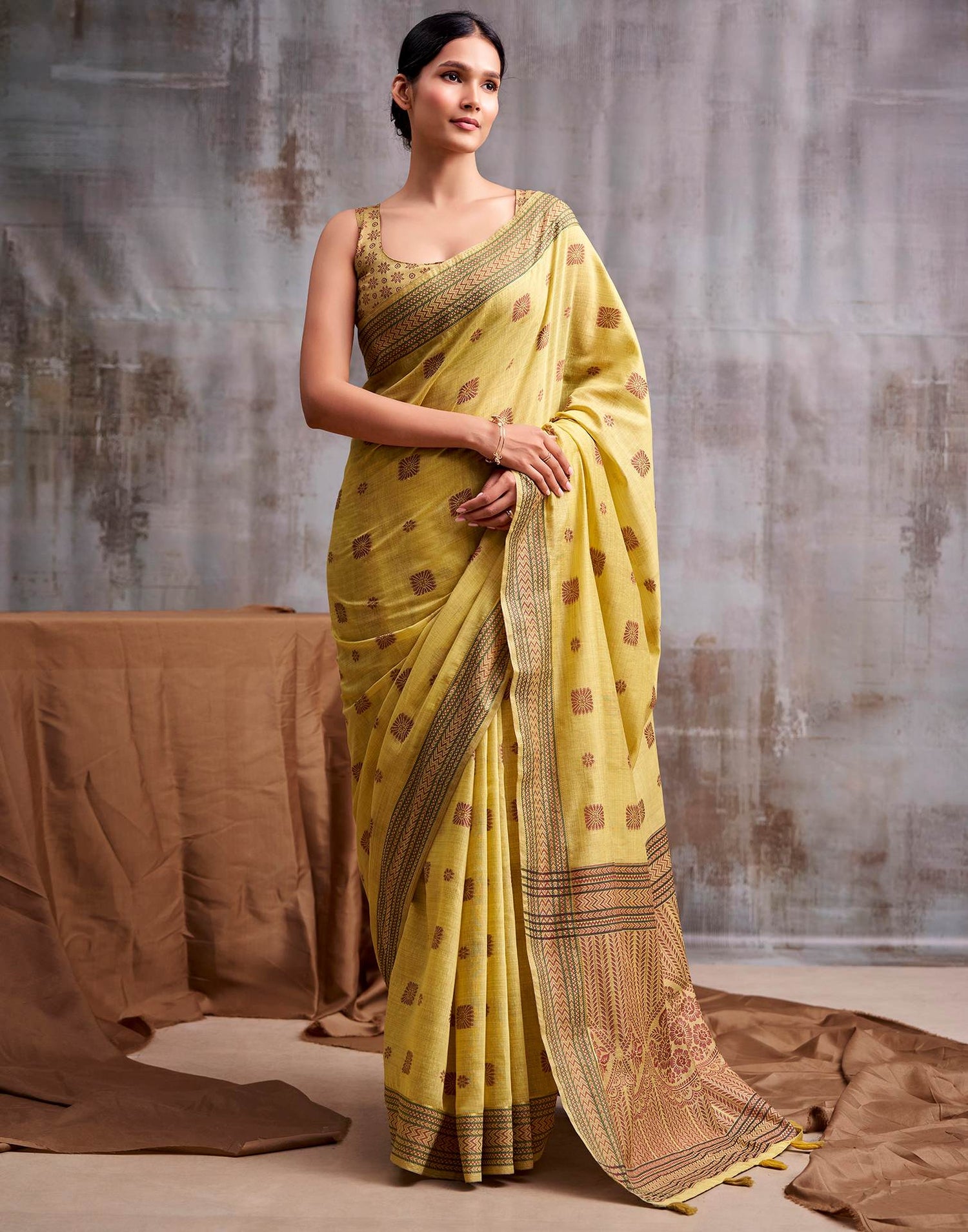 Yellow Cotton Woven Saree