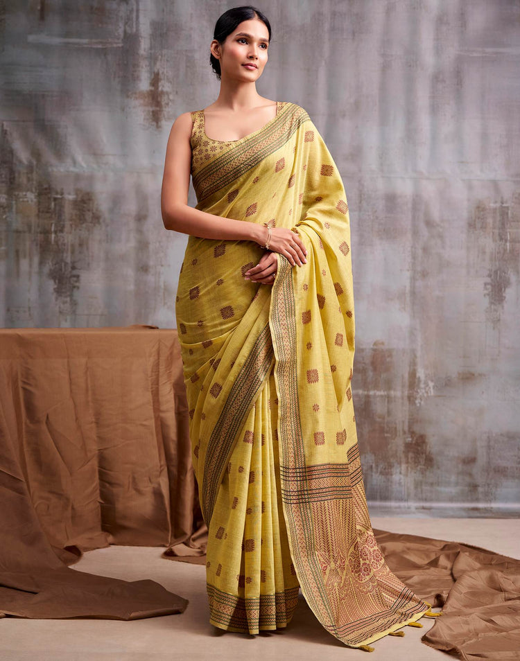 Yellow Cotton Woven Saree