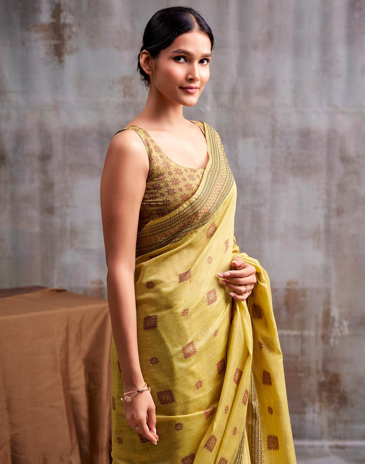 Yellow Cotton Woven Saree