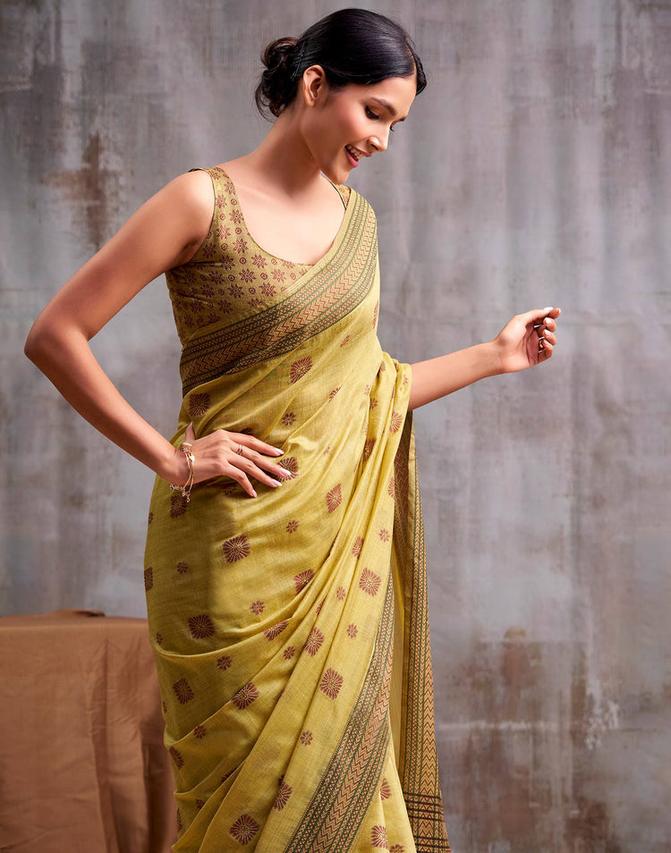 Yellow Cotton Woven Saree