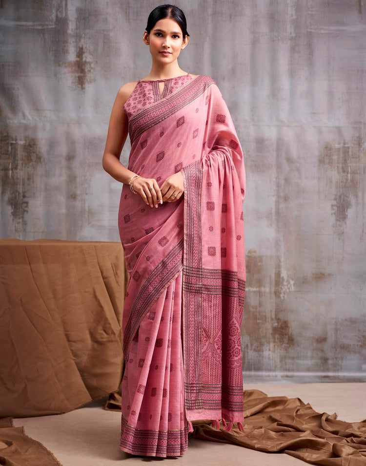 Rose Pink Cotton Woven Saree