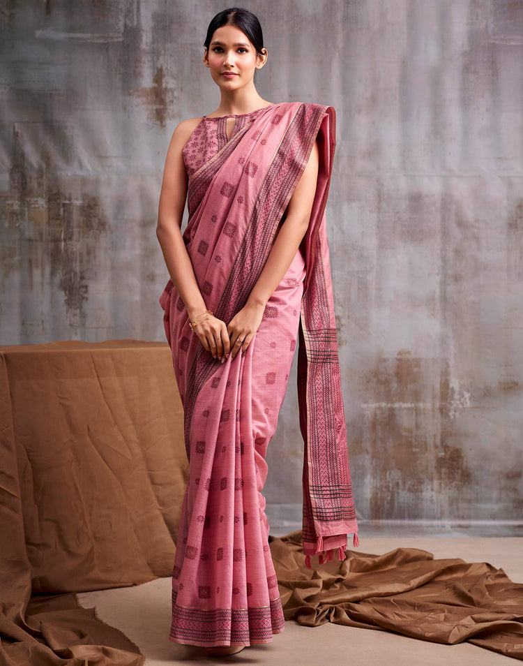 Rose Pink Cotton Woven Saree