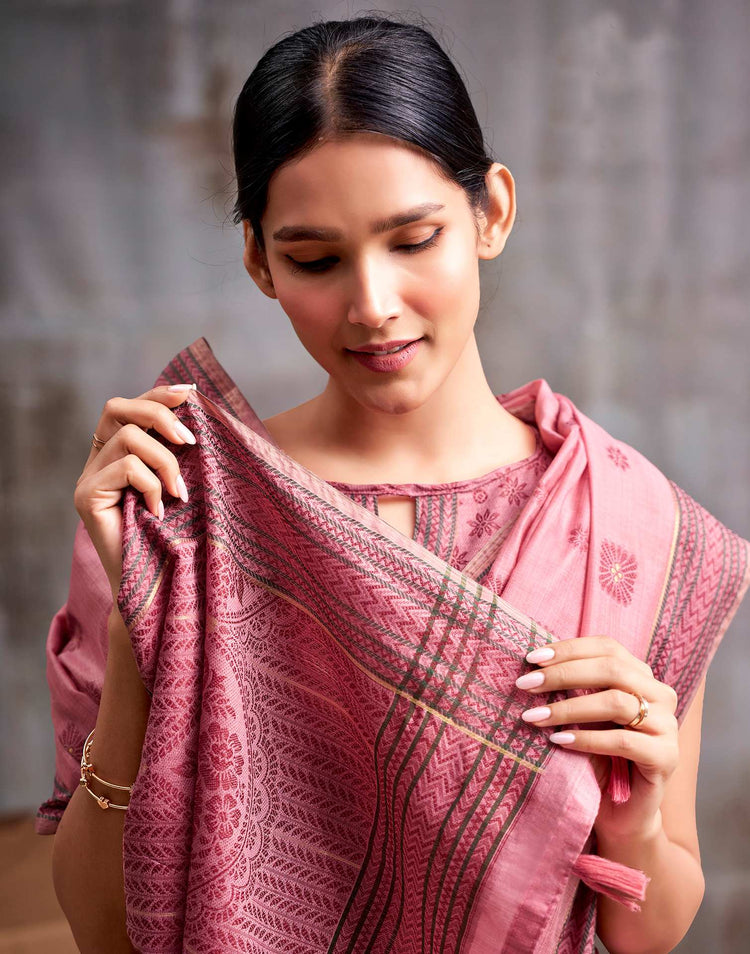 Rose Pink Cotton Woven Saree