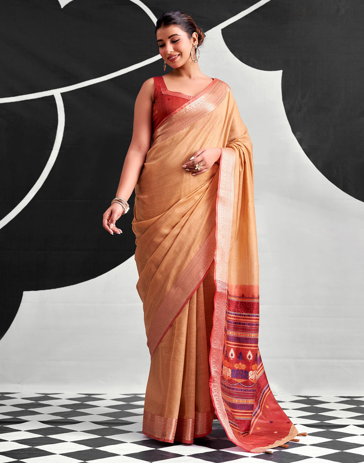 Peach Cotton Silk Woven Saree
