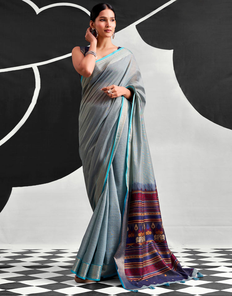 Grey Cotton Silk Woven Saree