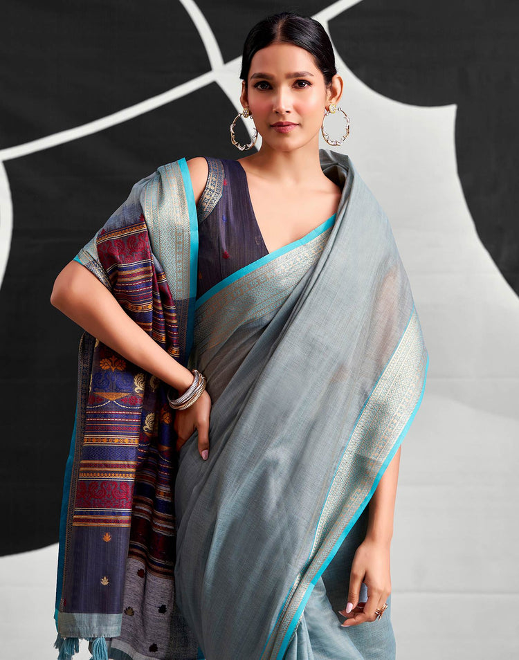 Grey Cotton Silk Woven Saree