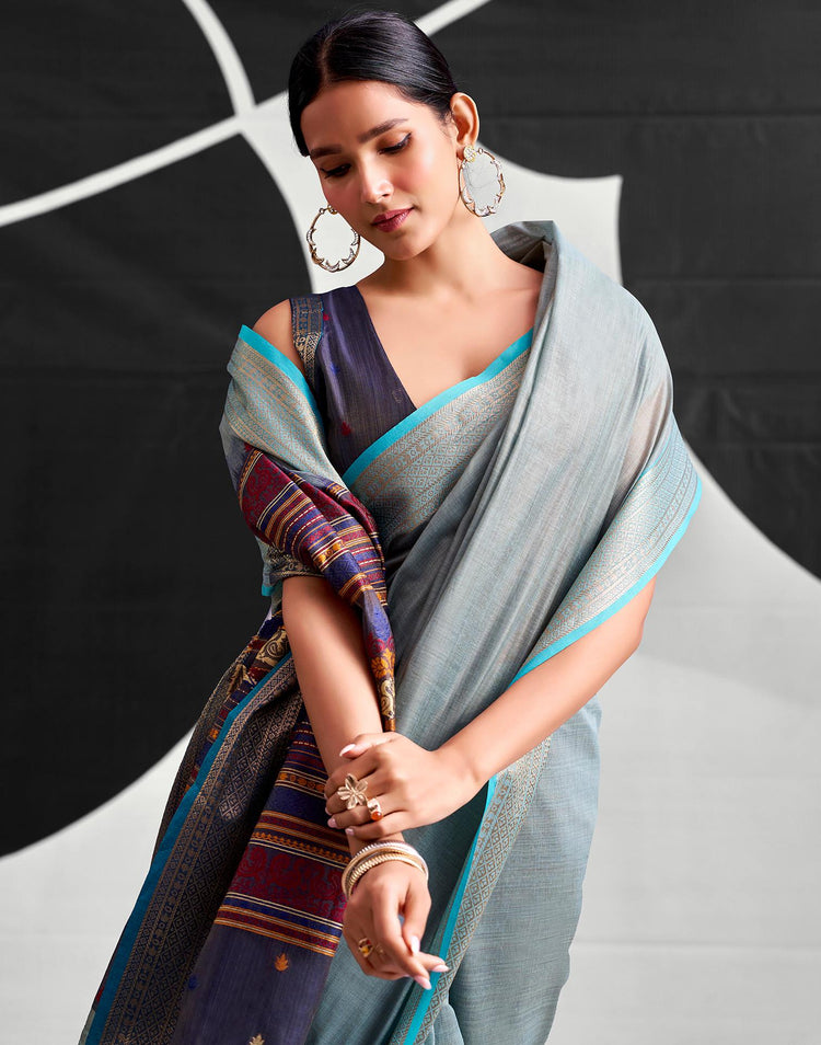 Grey Cotton Silk Woven Saree